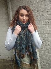 Load image into Gallery viewer, Cosy Large Indian Shawl With Tassels Blue