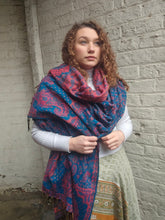 Load image into Gallery viewer, Cosy Large Indian Shawl With Tassels Teal &amp; Pink