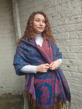 Load image into Gallery viewer, Cosy Large Indian Shawl With Tassels Teal &amp; Pink