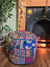 Load image into Gallery viewer, Patchwork indian pouffe for home storage www.karmaripon.co.uk