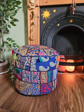 Load image into Gallery viewer, Patchwork indian pouffe for home storage www.karmaripon.co.uk