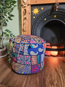 Patchwork indian pouffe for home storage www.karmaripon.co.uk