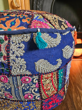 Load image into Gallery viewer, Patchwork indian pouffe for home storage www.karmaripon.co.uk
