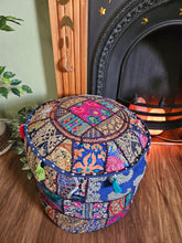 Load image into Gallery viewer, Patchwork indian pouffe for home storage www.karmaripon.co.uk
