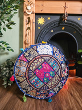Load image into Gallery viewer, Patchwork indian pouffe for home storage www.karmaripon.co.uk