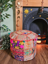 Load image into Gallery viewer, Patchwork indian pouffe for home storage www.karmaripon.co.uk
