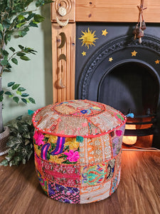 Patchwork indian pouffe for home storage www.karmaripon.co.uk