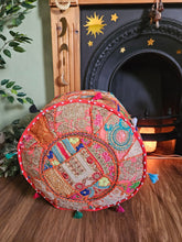 Load image into Gallery viewer, Patchwork indian pouffe for home storage www.karmaripon.co.uk