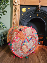 Load image into Gallery viewer, Patchwork indian pouffe for home storage www.karmaripon.co.uk