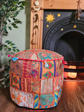 Load image into Gallery viewer, Patchwork indian pouffe for home storage www.karmaripon.co.uk