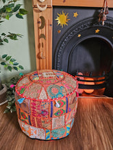 Load image into Gallery viewer, Patchwork indian pouffe for home storage www.karmaripon.co.uk