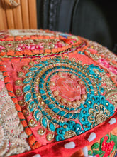 Load image into Gallery viewer, Patchwork indian pouffe for home storage www.karmaripon.co.uk
