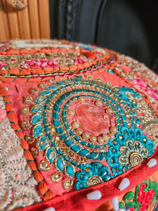 Patchwork indian pouffe for home storage www.karmaripon.co.uk