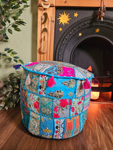 Load image into Gallery viewer, Patchwork indian pouffe for home storage www.karmaripon.co.uk