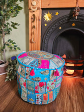 Load image into Gallery viewer, Patchwork indian pouffe for home storage www.karmaripon.co.uk