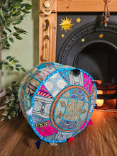 Load image into Gallery viewer, Patchwork indian pouffe for home storage www.karmaripon.co.uk