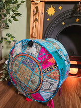 Load image into Gallery viewer, Patchwork indian pouffe for home storage www.karmaripon.co.uk