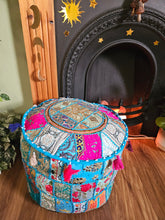 Load image into Gallery viewer, Patchwork indian pouffe for home storage www.karmaripon.co.uk