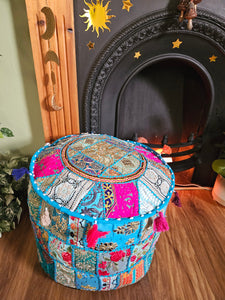 Patchwork indian pouffe for home storage www.karmaripon.co.uk