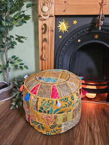 Patchwork indian pouffe for home storage www.karmaripon.co.uk