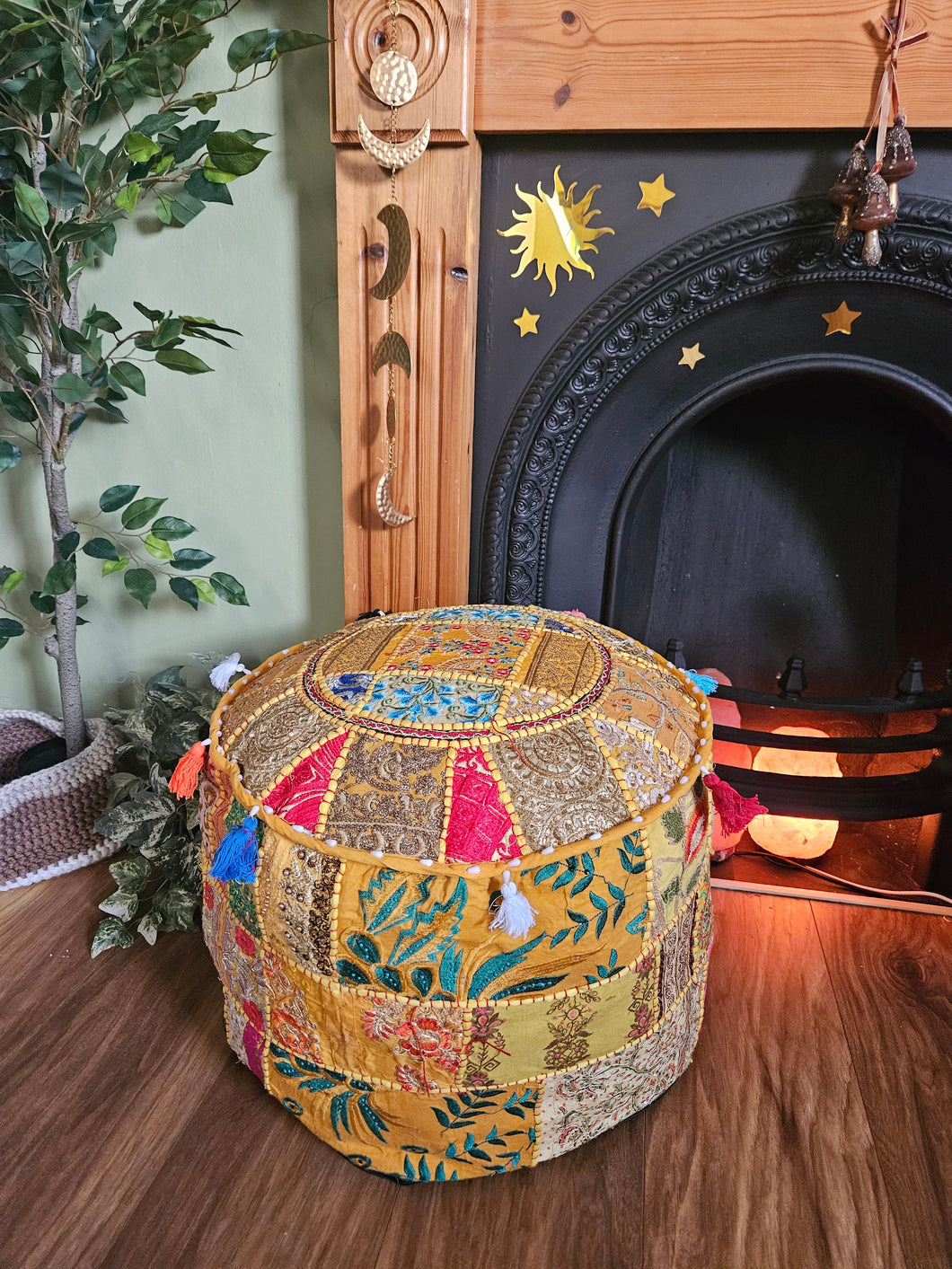 Patchwork indian pouffe for home storage www.karmaripon.co.uk