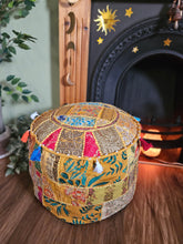 Load image into Gallery viewer, Patchwork indian pouffe for home storage www.karmaripon.co.uk
