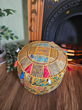 Load image into Gallery viewer, Patchwork indian pouffe for home storage www.karmaripon.co.uk
