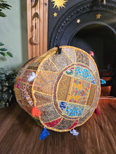 Load image into Gallery viewer, Patchwork indian pouffe for home storage www.karmaripon.co.uk