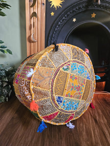 Patchwork indian pouffe for home storage www.karmaripon.co.uk