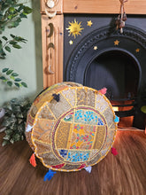Load image into Gallery viewer, Patchwork indian pouffe for home storage www.karmaripon.co.uk