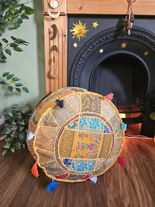 Patchwork indian pouffe for home storage www.karmaripon.co.uk