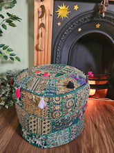 Load image into Gallery viewer, Patchwork indian pouffe for home storage www.karmaripon.co.uk