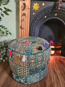 Patchwork indian pouffe for home storage www.karmaripon.co.uk