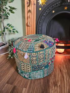 Patchwork indian pouffe for home storage www.karmaripon.co.uk