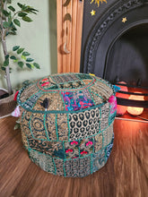 Load image into Gallery viewer, Patchwork indian pouffe for home storage www.karmaripon.co.uk