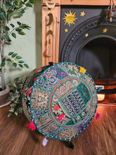 Load image into Gallery viewer, Patchwork indian pouffe for home storage www.karmaripon.co.uk