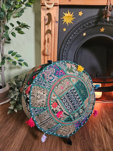 Patchwork indian pouffe for home storage www.karmaripon.co.uk