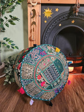 Load image into Gallery viewer, Patchwork indian pouffe for home storage www.karmaripon.co.uk
