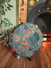 Load image into Gallery viewer, Patchwork indian pouffe for home storage www.karmaripon.co.uk