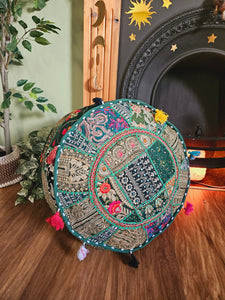 Patchwork indian pouffe for home storage www.karmaripon.co.uk