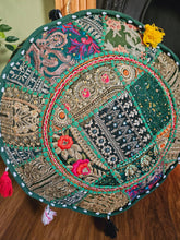 Load image into Gallery viewer, Patchwork indian pouffe for home storage www.karmaripon.co.uk