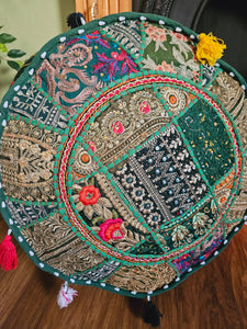 Patchwork indian pouffe for home storage www.karmaripon.co.uk