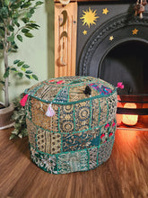 Load image into Gallery viewer, Patchwork indian pouffe for home storage www.karmaripon.co.uk