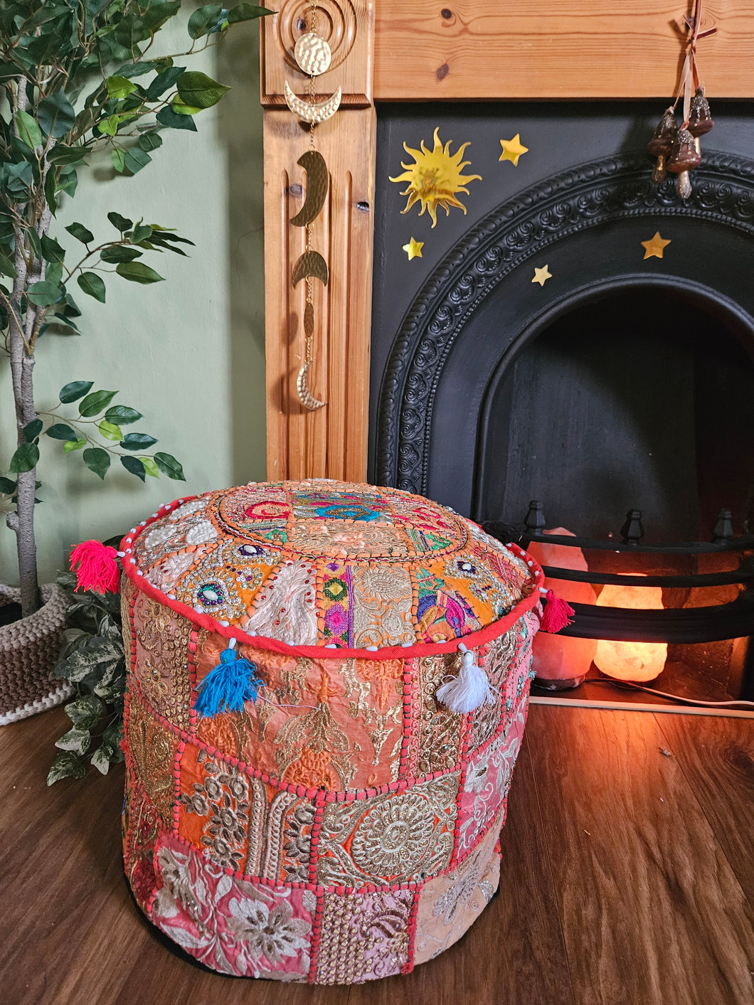 Patchwork indian pouffe for home storage www.karmaripon.co.uk