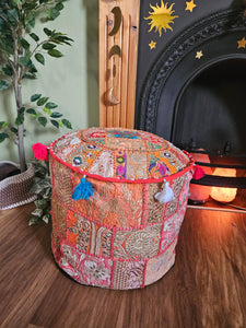 Patchwork indian pouffe for home storage www.karmaripon.co.uk