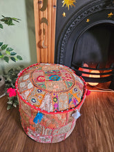 Load image into Gallery viewer, Patchwork indian pouffe for home storage www.karmaripon.co.uk