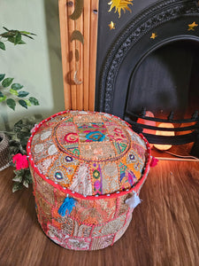 Patchwork indian pouffe for home storage www.karmaripon.co.uk
