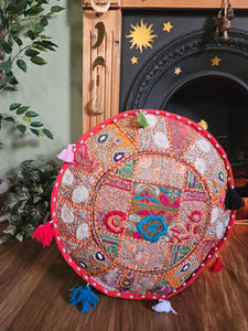 Patchwork indian pouffe for home storage www.karmaripon.co.uk