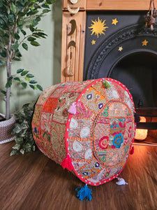 Patchwork indian pouffe for home storage www.karmaripon.co.uk