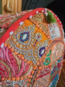 Patchwork indian pouffe for home storage www.karmaripon.co.uk